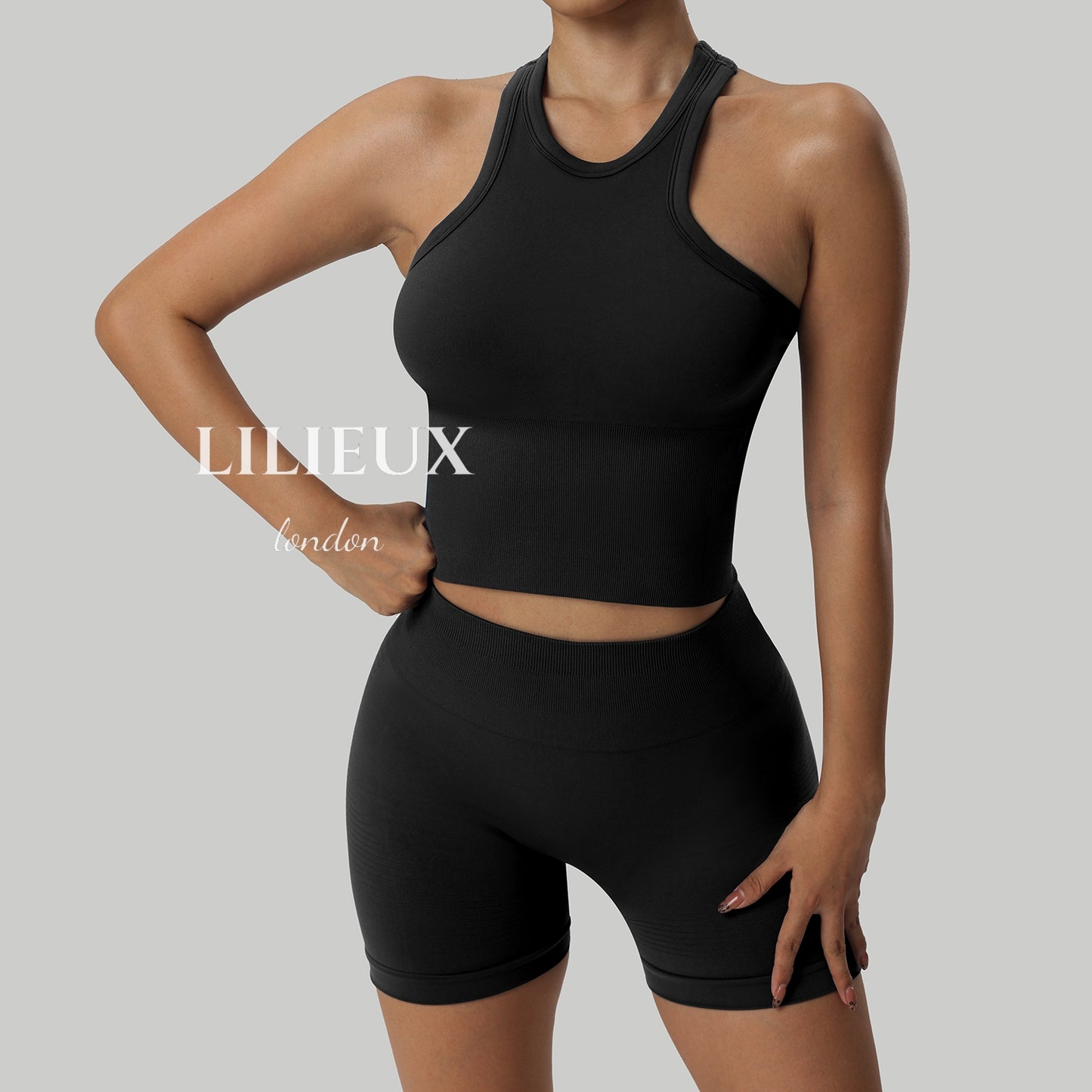 Women's Seamless Racerback Sports Bra Tank Top with High-Waisted Shorts - Crop Style, Gym and Yoga Activewear Set