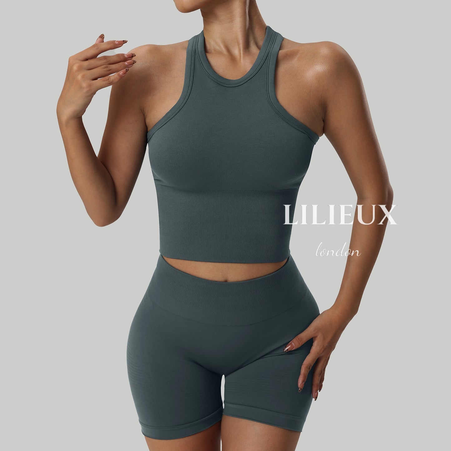 Women's Seamless Racerback Sports Bra Tank Top with High-Waisted Shorts - Crop Style, Gym and Yoga Activewear Set