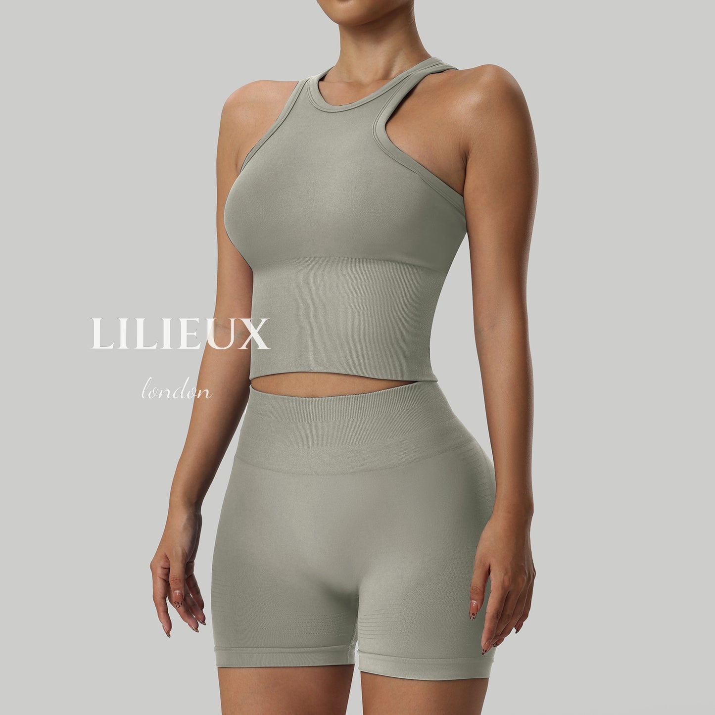 Women's Seamless Racerback Sports Bra Tank Top with High-Waisted Shorts - Crop Style, Gym and Yoga Activewear Set