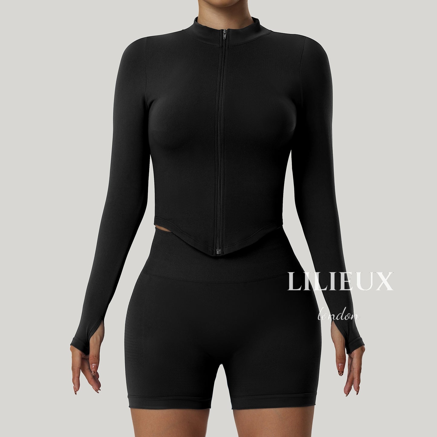 Seamless High-Waist Workout Set with Zipper Long Sleeve Top - Women's Activewear for Gym & Yoga