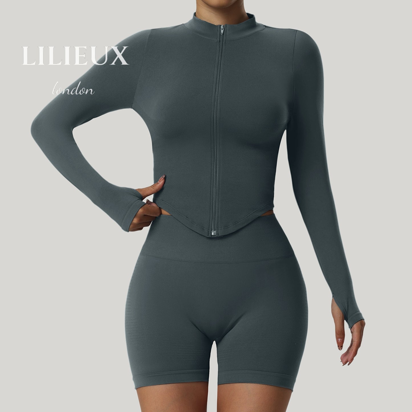 Seamless High-Waist Workout Set with Zipper Long Sleeve Top - Women's Activewear for Gym & Yoga