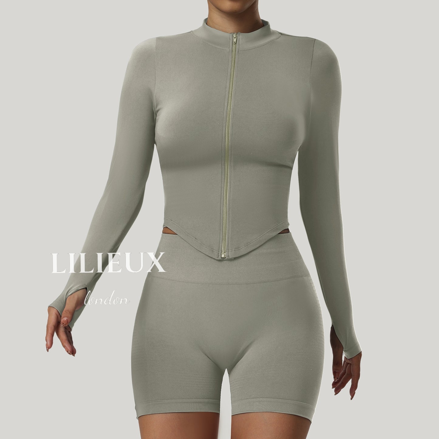Seamless High-Waist Workout Set with Zipper Long Sleeve Top - Women's Activewear for Gym & Yoga
