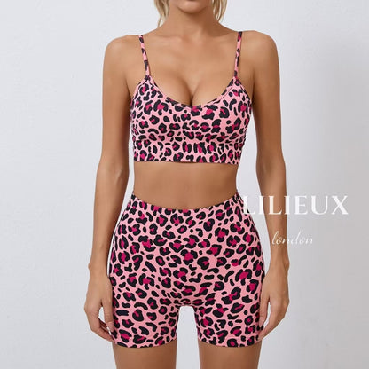 Women's Leopard Print Workout Set - 2 Piece Seamless Activewear Set with Sports Bra and High-Waisted Shorts