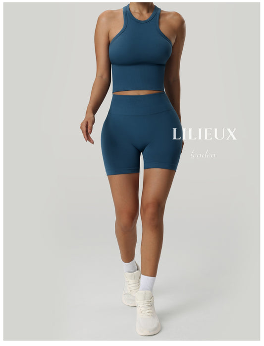 Women's Seamless Racerback Sports Bra Tank Top with High-Waisted Shorts - Crop Style, Gym and Yoga Activewear Set