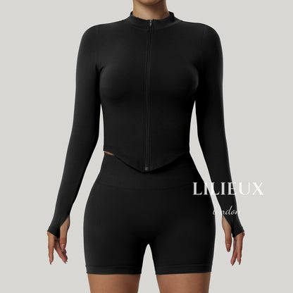 Seamless High-Waist Workout Set with Zipper Long Sleeve Top - Women's Activewear for Gym & Yoga