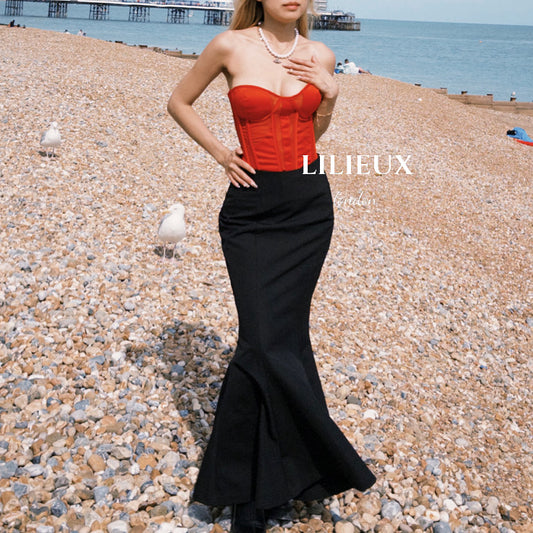 LILIEUX - Women's Elegant Red Sheer Mesh Corset Bustier Top
