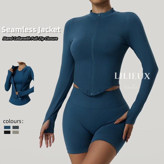 Seamless High-Waist Workout Set with Zipper Long Sleeve Top - Women's Activewear for Gym & Yoga