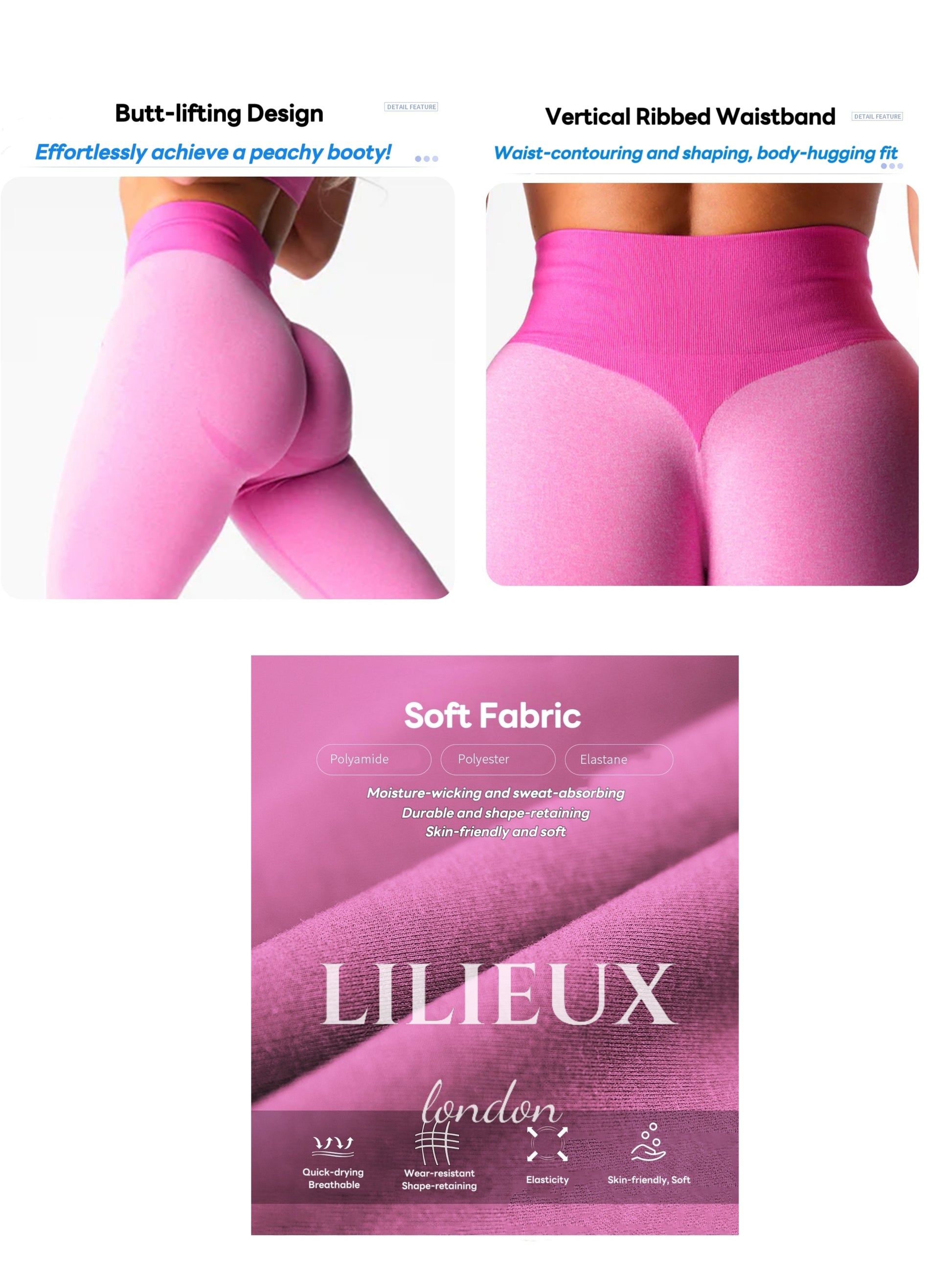 Women's pink butt-lifting seamless leggings with a high-waist ribbed waistband, designed for comfort, support, and a flattering fit.