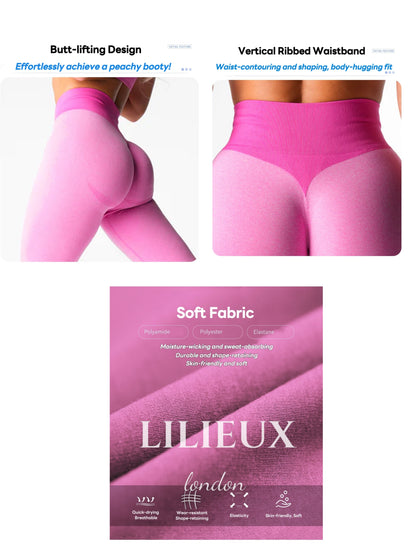 Women's pink butt-lifting seamless leggings with a high-waist ribbed waistband, designed for comfort, support, and a flattering fit.