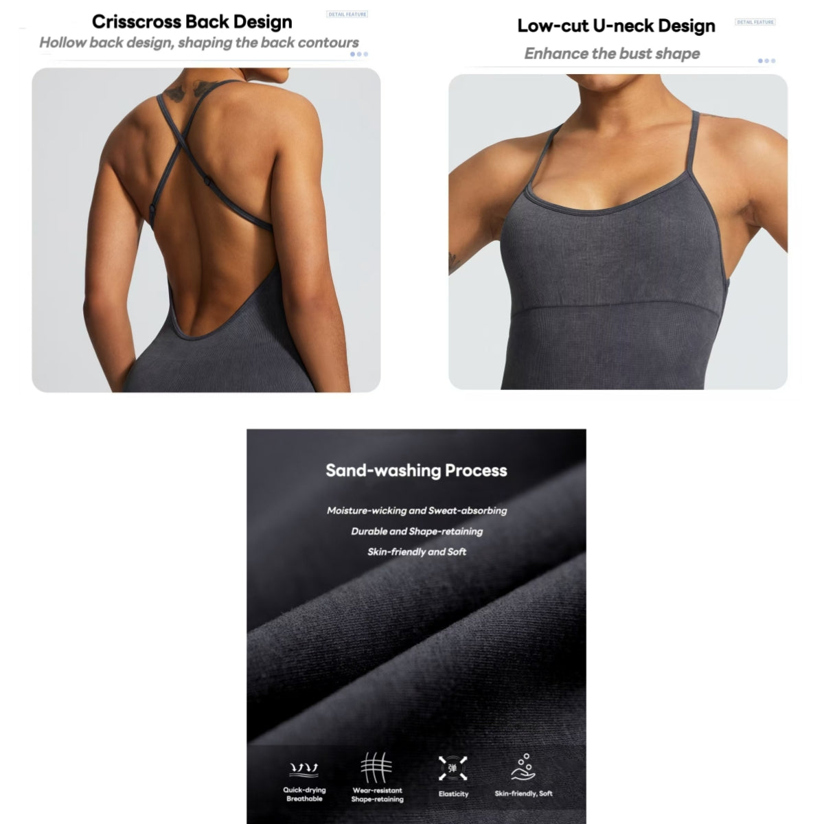 Detailed view of a grey sports romper with a crisscross back design, low-cut U-neck for enhanced bust shape, and a sand-washing process that provides moisture-wicking, sweat-absorbing, and skin-friendly fabric.