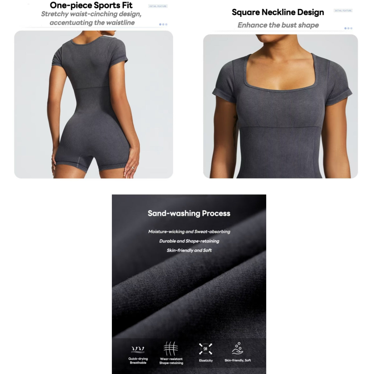 Detailed view of a grey sports romper with square neckline, waist-cinching design, and sand-washing process, featuring moisture-wicking and durable fabric for optimal athletic performance.