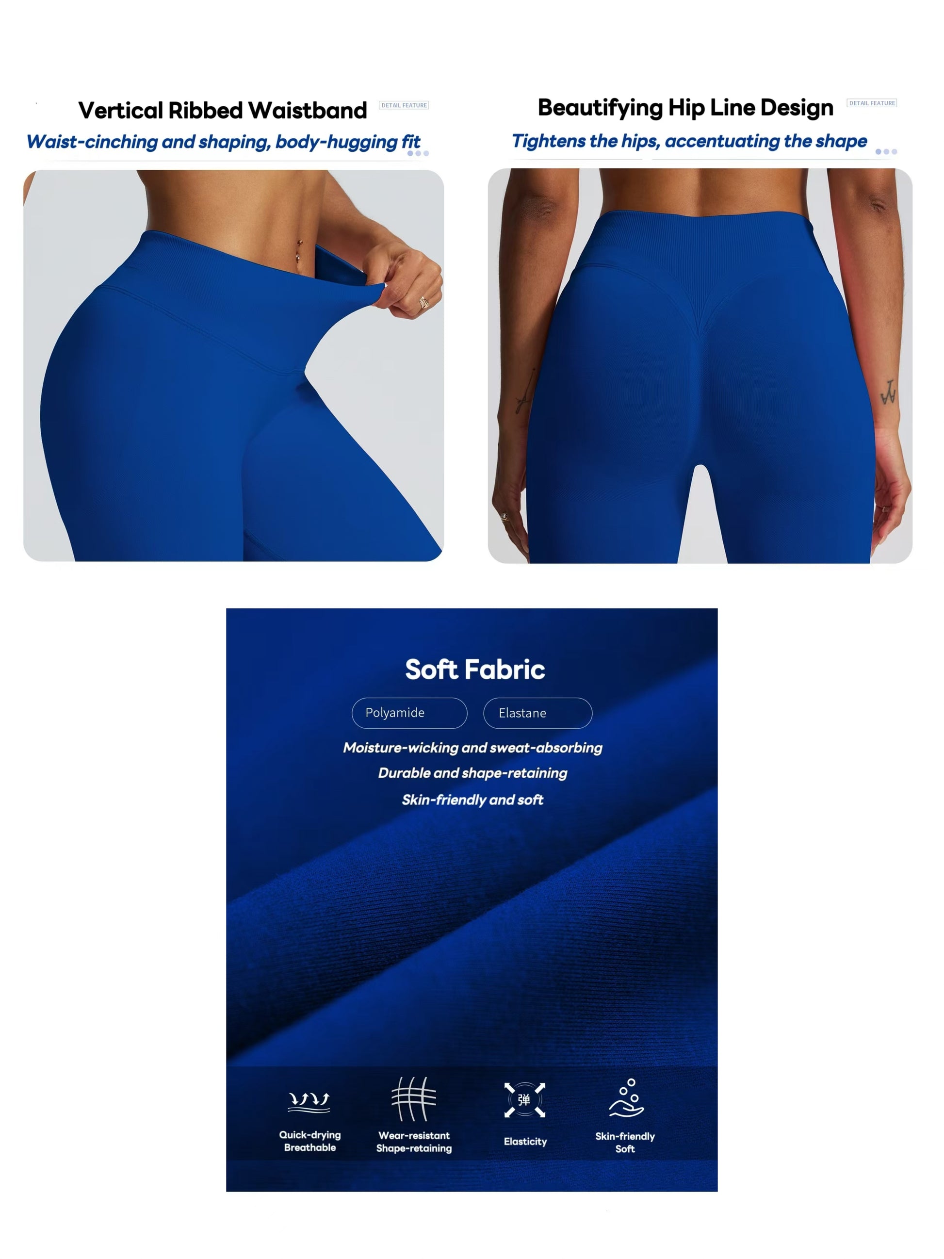 Women's seamless high-waist blue leggings with a ribbed waistband and hip-lifting design, perfect for gym workouts, yoga, and fitness training.