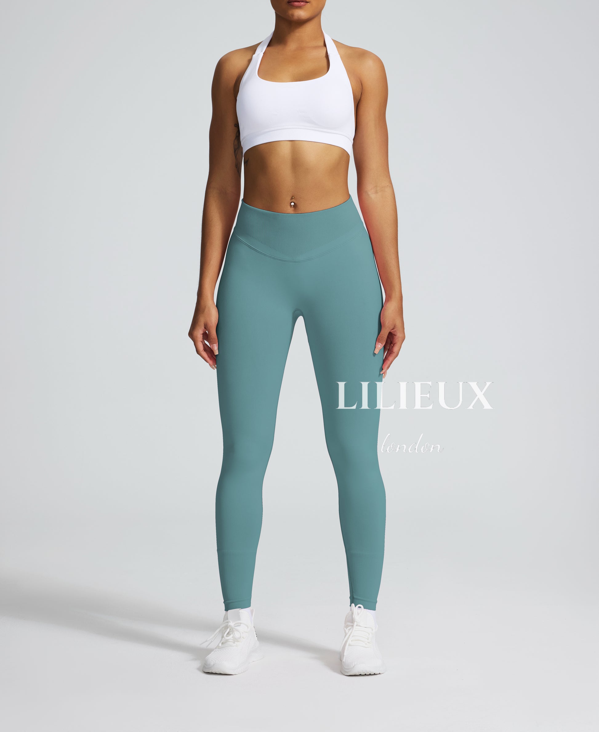 Women's blue seamless high-waist workout leggings with a snug fit, designed for gym, yoga, and activewear comfort.