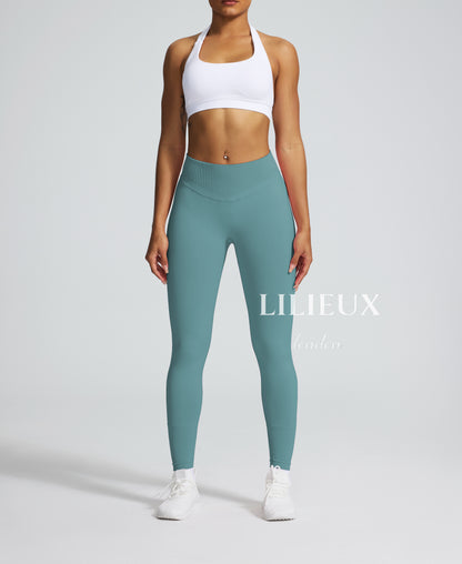 Women's blue seamless high-waist workout leggings with a snug fit, designed for gym, yoga, and activewear comfort.