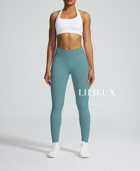 Women's blue seamless high-waist workout leggings with a snug fit, designed for gym, yoga, and activewear comfort.