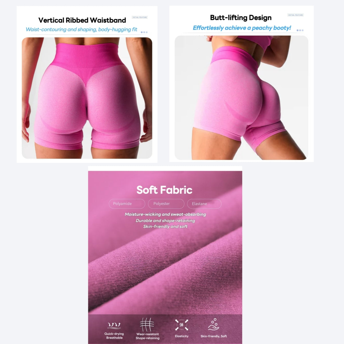Detailed view of seamless scrunch-butt biker shorts in pink, featuring a soft, stretchy, and sweat-wicking fabric with a vertical ribbed waistband for a sculpted fit."
