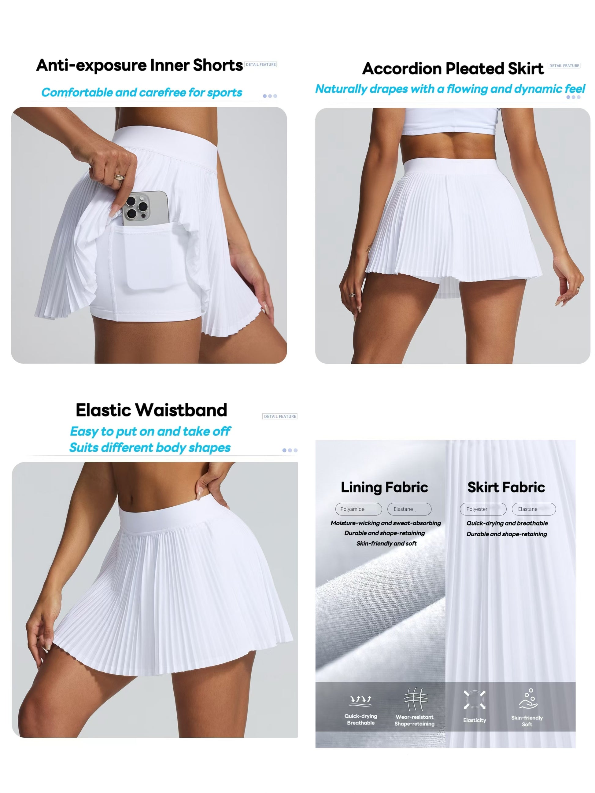 Close-up of a white pleated skirt sportswear featuring anti-exposure inner shorts, elastic waistband, and fabric details for comfort and flexibility. Displaying features such as moisture-wicking, quick-drying, and shape-retaining fabrics.